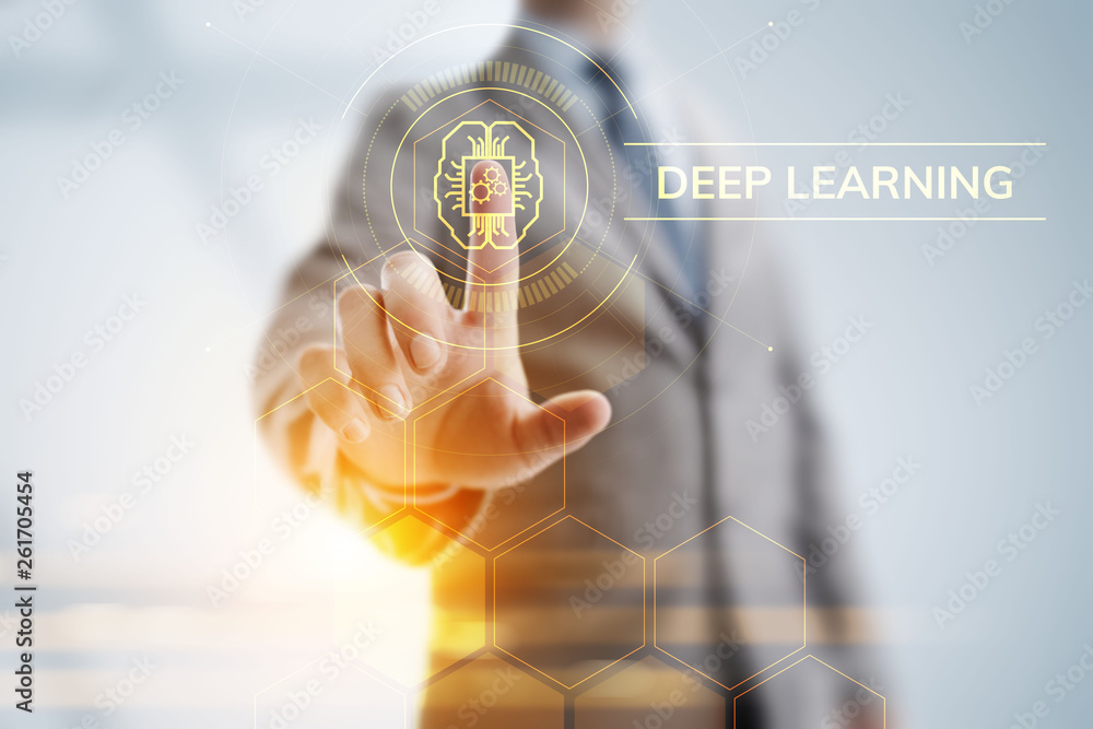 Poster deep machine learning artificial intelligence technology concept. businessman pointing on screen.