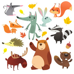 Cartoon forest animal characters. Wild cartoon cute animals set. Big set of cartoon forest animals flat vector illustration design. Squirrel, mouse, badger, wolf, fox, beaver, bear, moose