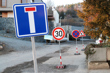 Road work signs closures due new sewer pipe installation