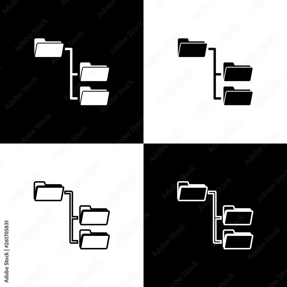 Poster set folder tree icons isolated on black and white background. computer network file folder organizat