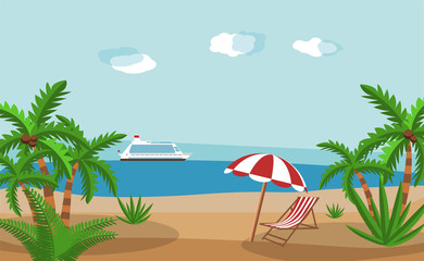 Landscape of wooden chaise lounge, palm tree on beach. Umbrella . Sun with clouds. Day in tropical place. Vector illustration in flat style