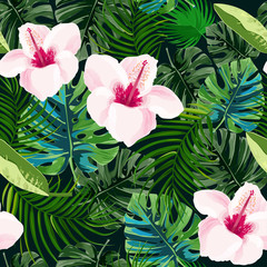 Obrazy na Szkle  Hibiskus kwiaty i rośliny tropikalne wzór. Lato jasne egzotyczne tło.