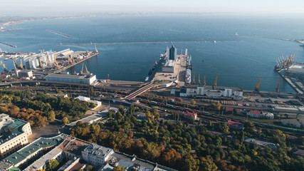 Aerial view panorama of Odessa with port and sea, Ukraine