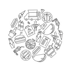 Fast food icons circle. Outline vector illustration.