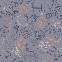Simple outline icons seamless pattern. Fast food sketch elements background.