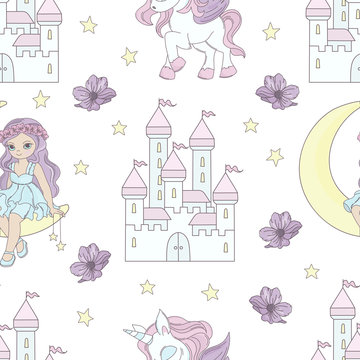 MOON PRINCESS Fairy Tale Magical Cartoon Seamless Pattern Vector Illustration for Print Fabric and Decoration