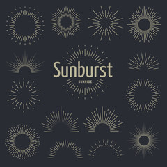 Sunburst set. Starburst burst rays spark sunrise firework sunbeam burst border hand drawn line radial vintage banner, vector icons