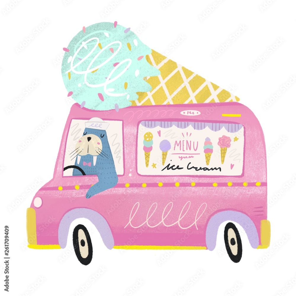 Wall mural Cute walrus driving a pink ice cream truck. Colorful hand drawn trendy illustration isolated on white background