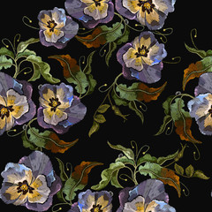 Violets flower embroidery seamless pattern. Fashionable template of clothes, t-shirt design