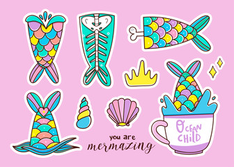 Various mermaid tails, shells and cup. Hand drawn vector set. Pre-made stickers. Colorful trendy illustration. Flat design. All elements are isolated