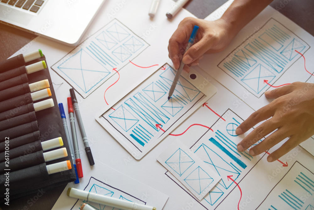 Poster ux graphic designer creative sketch planning application process development prototype wireframe for