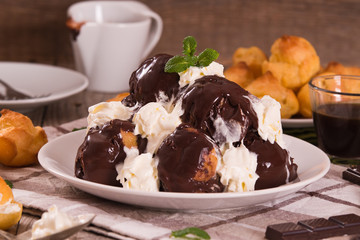 Chocolate profiteroles.