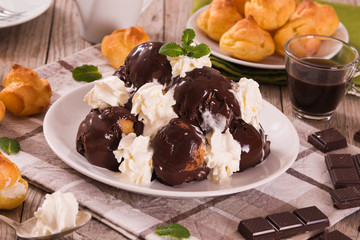 Chocolate profiteroles.
