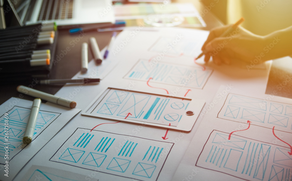 Poster ux graphic designer creative sketch planning application process development prototype wireframe for