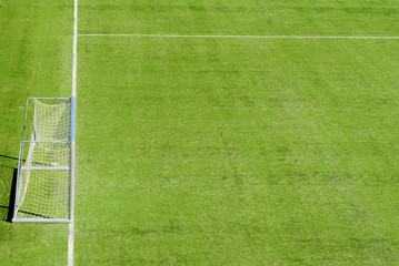 Fototapeta premium Detail of the football playground, with the green grass, white lines and goal gate; green background with a copy space for text