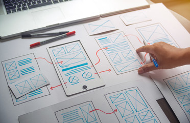 ux Graphic designer creative  sketch planning application process development prototype wireframe for web mobile phone . User experience concept.