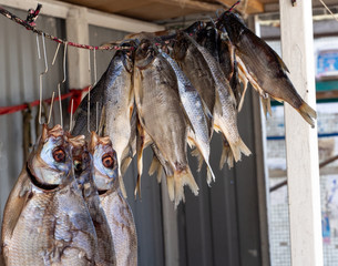 Lots of dried fish hanging on a rope in the street.