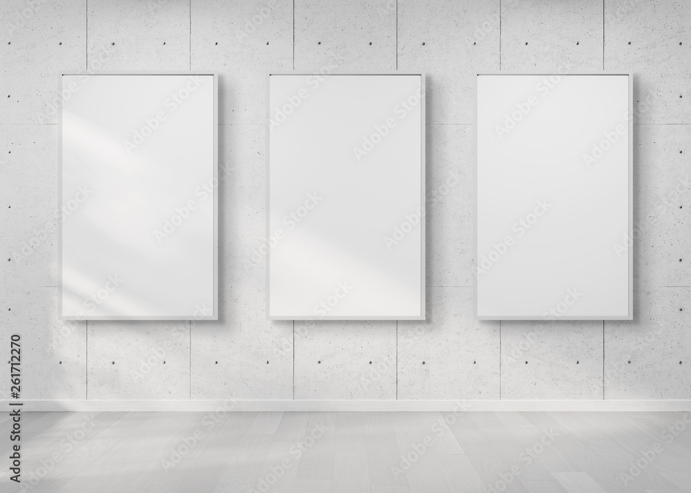 Poster Three frames hanging on a wall mockup 3d rendering