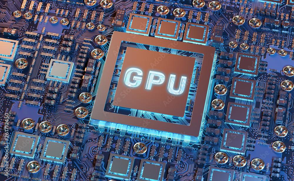 Fototapete Close-up view of a modern GPU card with circuit 3D rendering