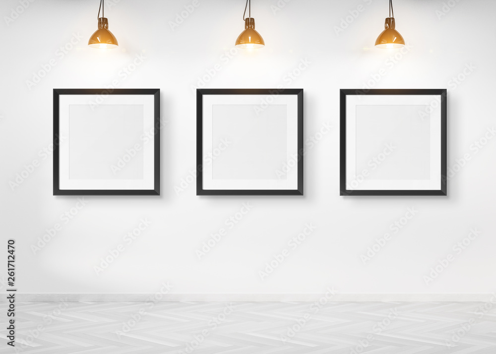 Poster Three squared frames hanging on a wall mockup 3d rendering