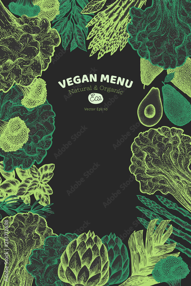 Wall mural green vegetables design template. hand drawn vector food illustration on chalk board. engraved style