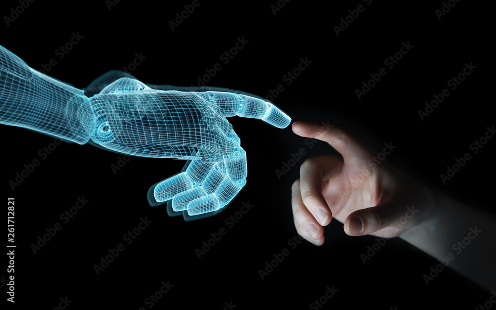 Poster wireframed robot hand making contact with human hand on dark 3d rendering