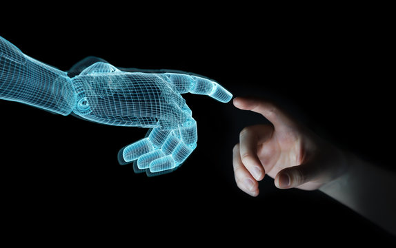 Wireframed Robot hand making contact with human hand on dark 3D rendering