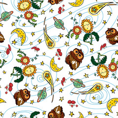 Vector colorful owl comet and moon repeat pattern with white background. Suitable for gift wrap, textile and wallpaper.