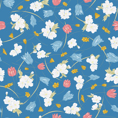Seamless vector floral pattern with hand drawn spring flowers in pink and white colors on blue background. Ditsy print in sketch style