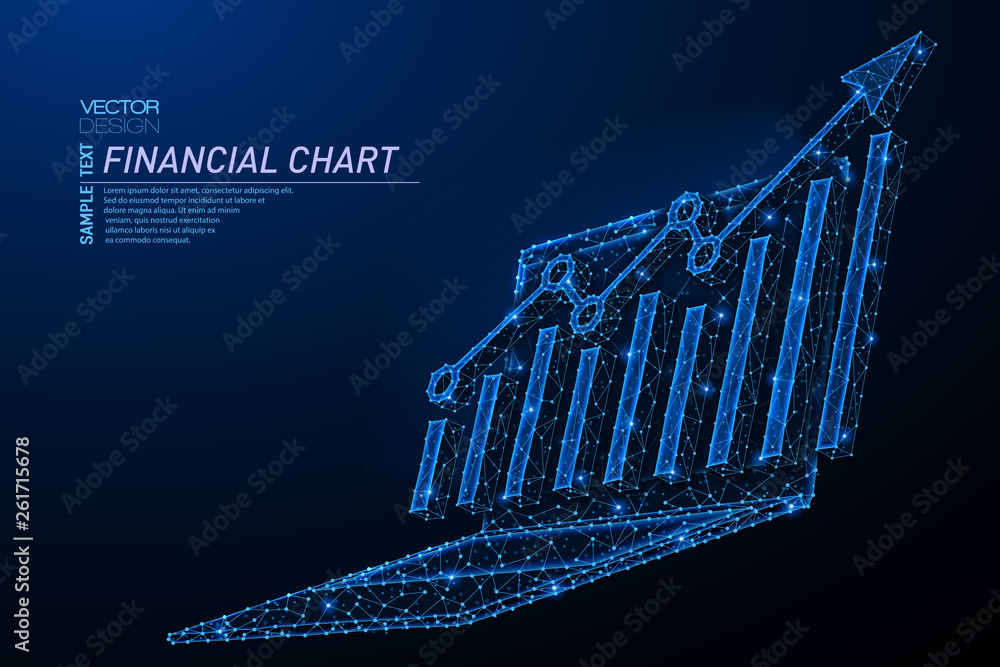 Poster abstract polygonal light design of laptop with arrow growth chart.