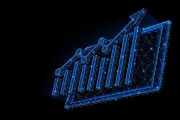 Abstract polygonal light design of tablet with arrow growth chart.
