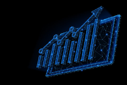 Abstract polygonal light design of tablet with arrow growth chart.