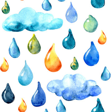 Seamless pattern, acarel drawing, illustration, depicting a cat, clouds and rain, for the design of backgrounds, wallpapers, covers, packages, wrappers