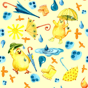 Seamless pattern, acarel drawing, illustration, depicting a cat, chicken and rain, for the design of backgrounds, wallpapers, covers, packages, wrappers