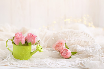 Pink roses in watering-can and decor frog on white wooden surface. Spring still life with flowers. concept of spring season and gardening. copy space