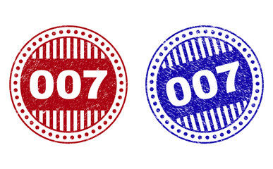 Grunge 007 round stamp seals isolated on a white background. Round seals with grunge texture in red and blue colors. Vector rubber imitation of 007 caption inside circle form with stripes.