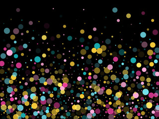 Memphis round confetti festive background in cyan blue, pink and yellow. Childish pattern vector.