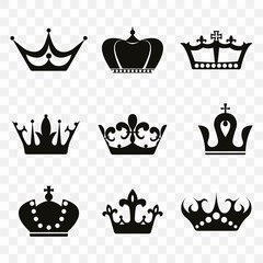 Crown silhouettes icons set. Royal Crown icons collection. Crown icon with transparent background for plotter or print. Vector illustration.