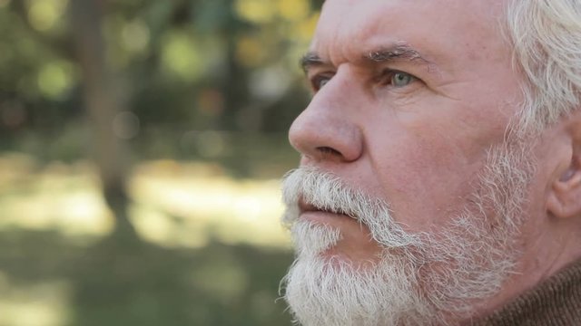 Gray-haired bearded thoughtful old man regret about lost wife. Sad male widower 