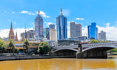 Fototapeta na wymiar Melbourne Central business district skyscrapers with bridge over the river, Victoria, Australia
