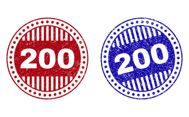 Grunge 200 round stamp seals isolated on a white background. Round seals with distress texture in red and blue colors. Vector rubber imprint of 200 label inside circle form with stripes.