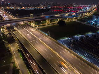 Obraz premium Traffic Aerial View - Traffic concept image, birds eye daytime view use the drone in Taipei, Taiwan.