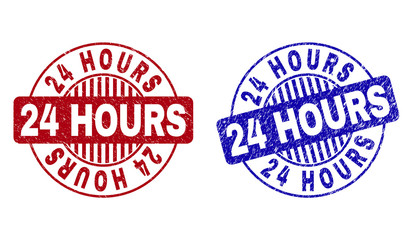 Grunge 24 HOURS round stamp seals isolated on a white background. Round seals with grunge texture in red and blue colors. Vector rubber watermark of 24 HOURS label inside circle form with stripes.