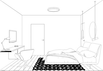 bedroom, contour visualization, 3D illustration, sketch, outline