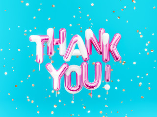 Thank You text sign art creative colors balloons on bluebackground, 3d rendering