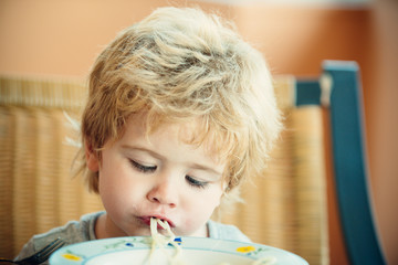 Child eats spaghetti. Delicious Italian lunch. Healthy lunch for a child. Kid with good appetite.