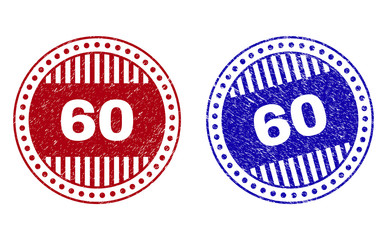 Grunge 60 round stamp seals isolated on a white background. Round seals with grunge texture in red and blue colors. Vector rubber imprint of 60 caption inside circle form with stripes.