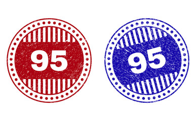 Grunge 95 round stamp seals isolated on a white background. Round seals with grunge texture in red and blue colors. Vector rubber imitation of 95 caption inside circle form with stripes.