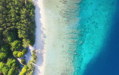 Coast as a background from top view. Turquoise water background from top view. Summer seascape from air. Gili Meno island, Indonesia. Travel - image