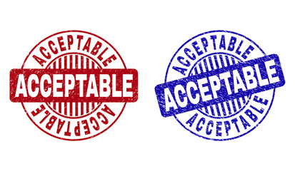 Grunge ACCEPTABLE round stamp seals isolated on a white background. Round seals with grunge texture in red and blue colors. Vector rubber imitation of ACCEPTABLE text inside circle form with stripes.